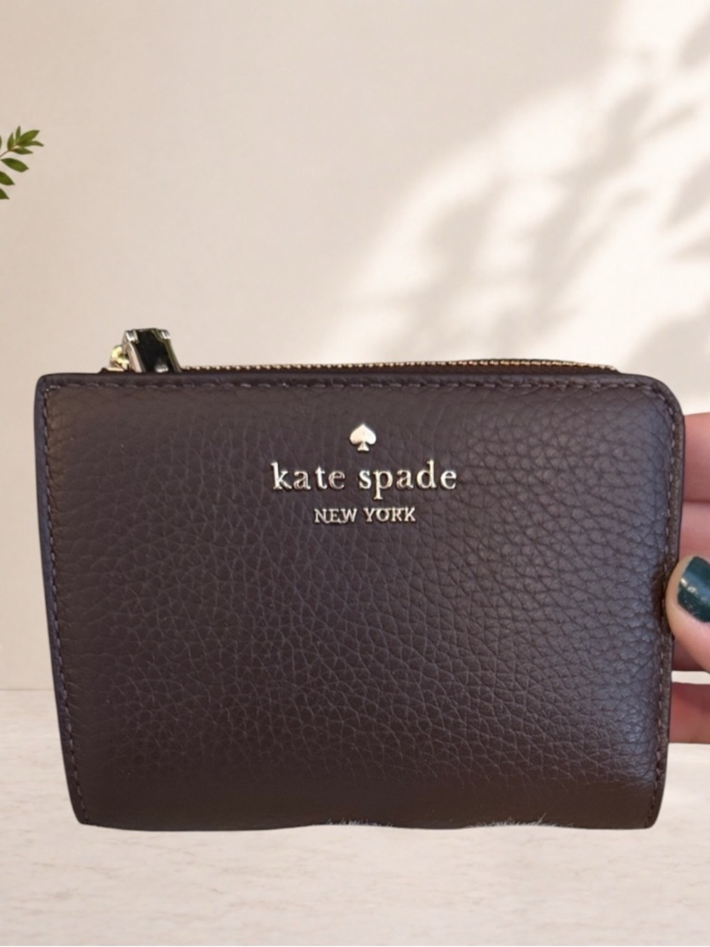 Kate Spade Brown Pebbled Leather Zip Wallet Card Holder Minimalist
